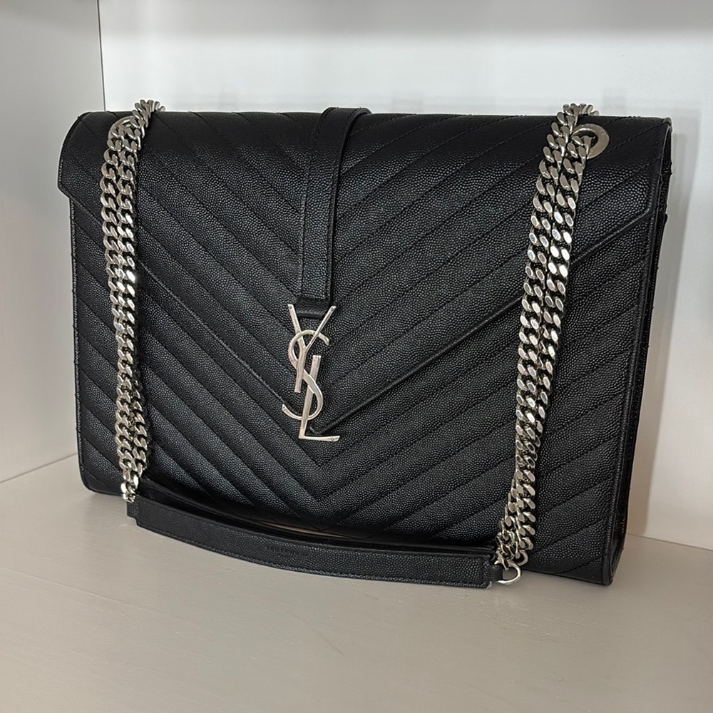 Yves Saint Laurent Black Chevron Quilted Shoulder Bag with Silver Chain
